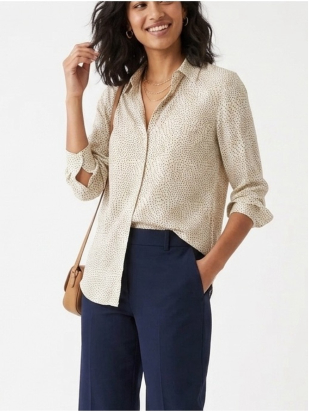 H&M Cream Button Down Black Polka Dot Blouse Size 12 - 536 work office preppy